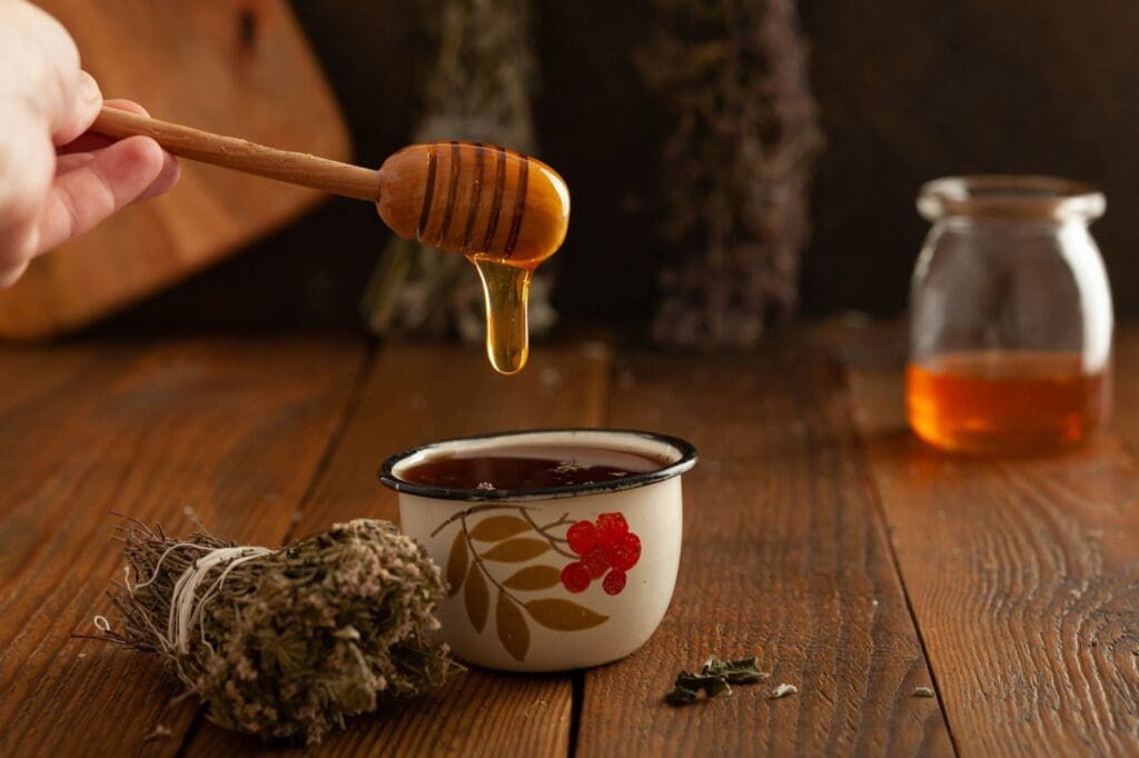 hot herbal tea with honey