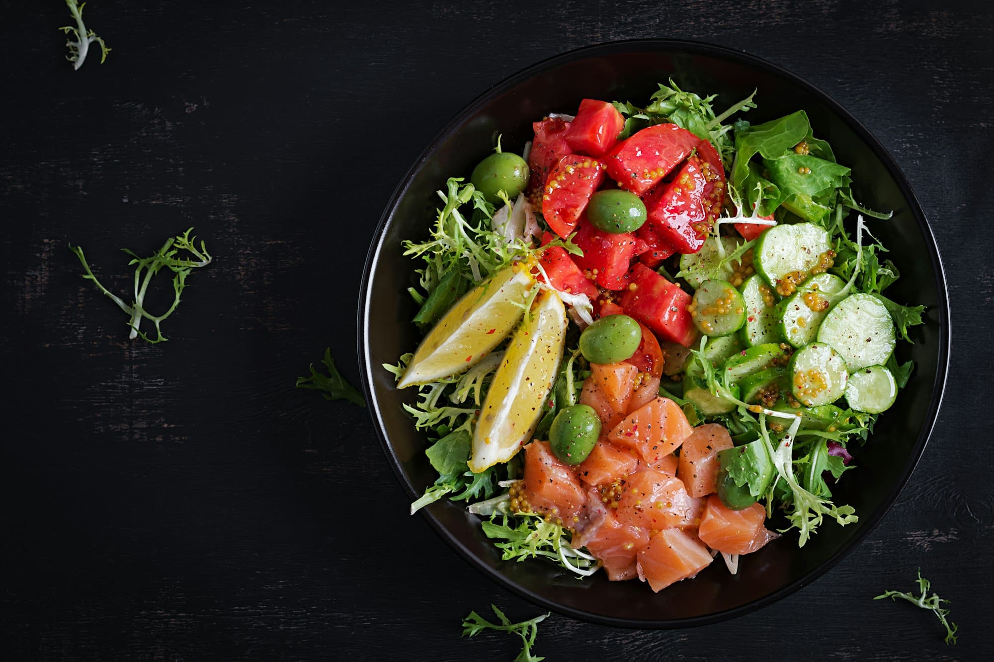 Ketogenic, keto or paleo diet lunch bowl with salted salmon fish