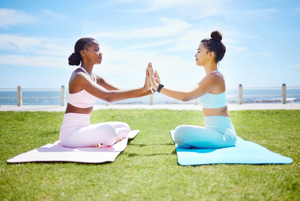 Meditation, women in park for wellness, mental health