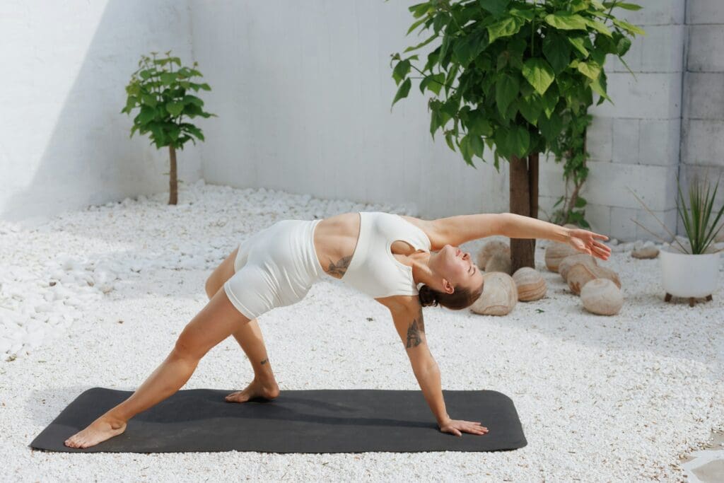 yoga stretching outdoors. 