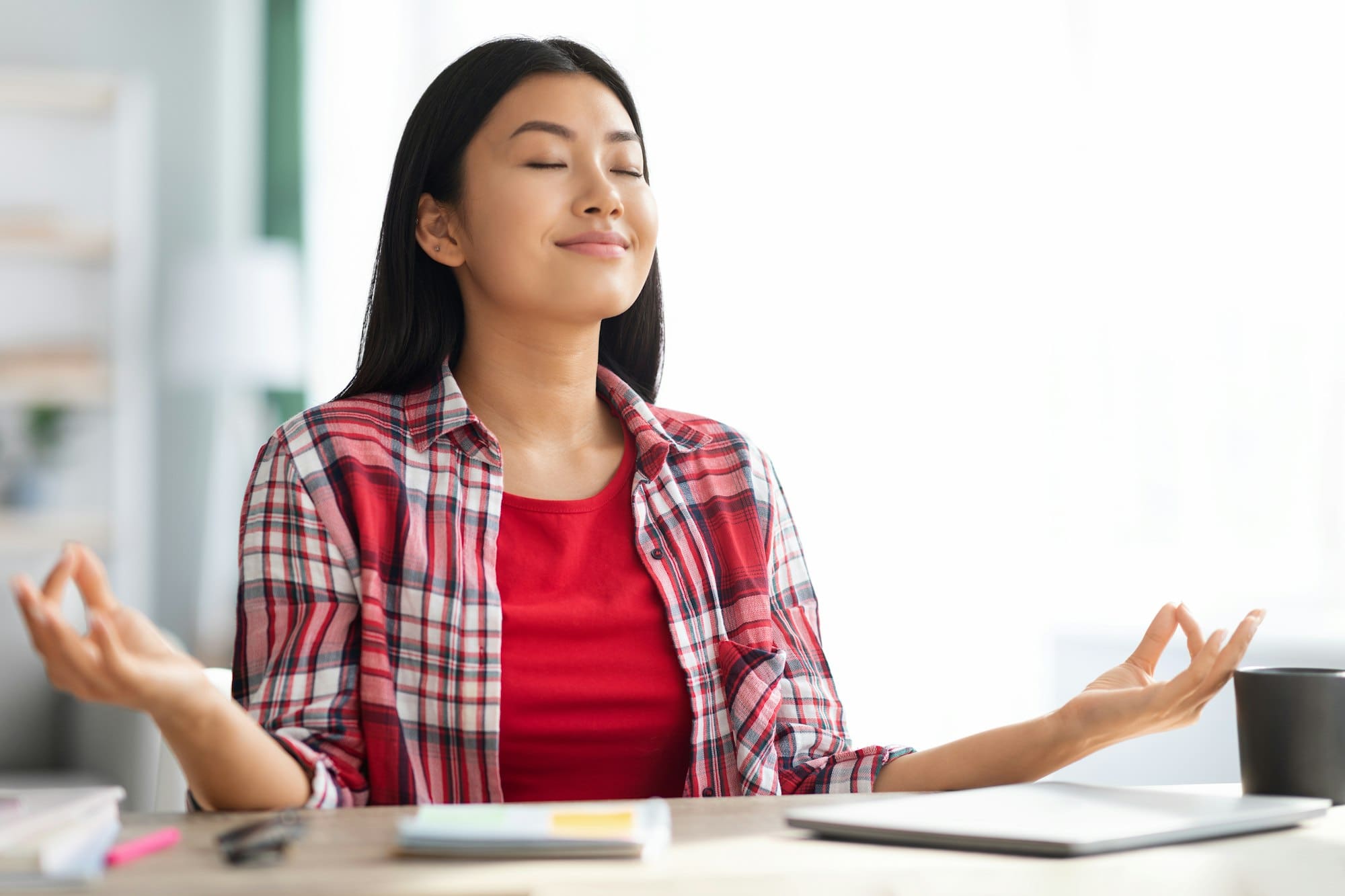 Zen. Calm Young Asian Woman Meditating At Desk In Home Office